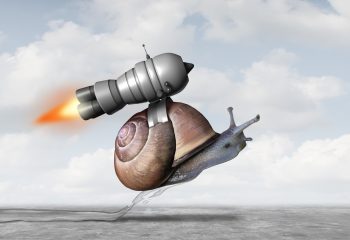 Business acceleration concept as a snail with a jet pack engine to accelerate success as a metaphor for innovation and finding a creative solution with 3D illustration elements.